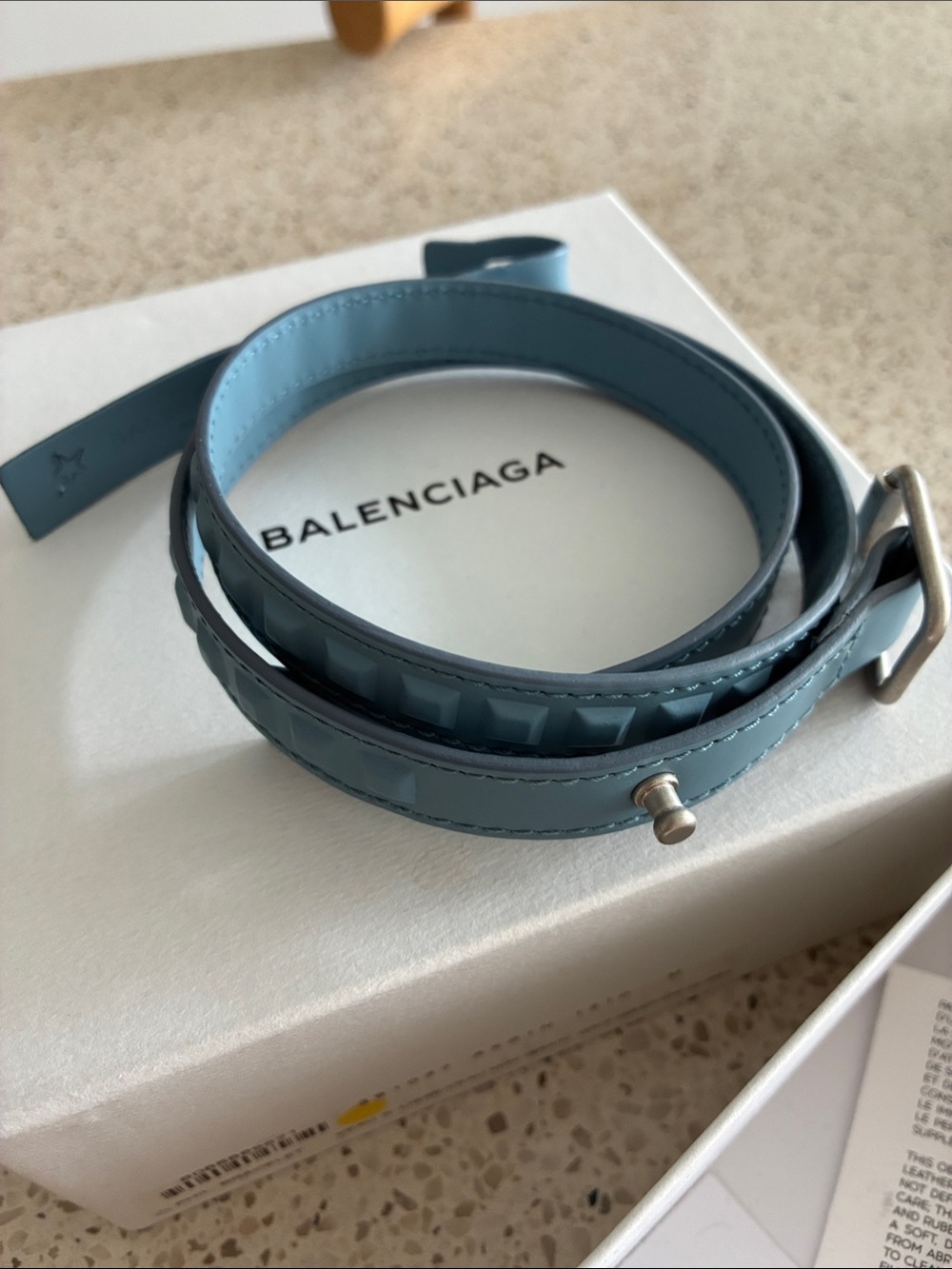 Balenciaga Gray Blue Leather Wrap Bracelet with Studded Detailing
